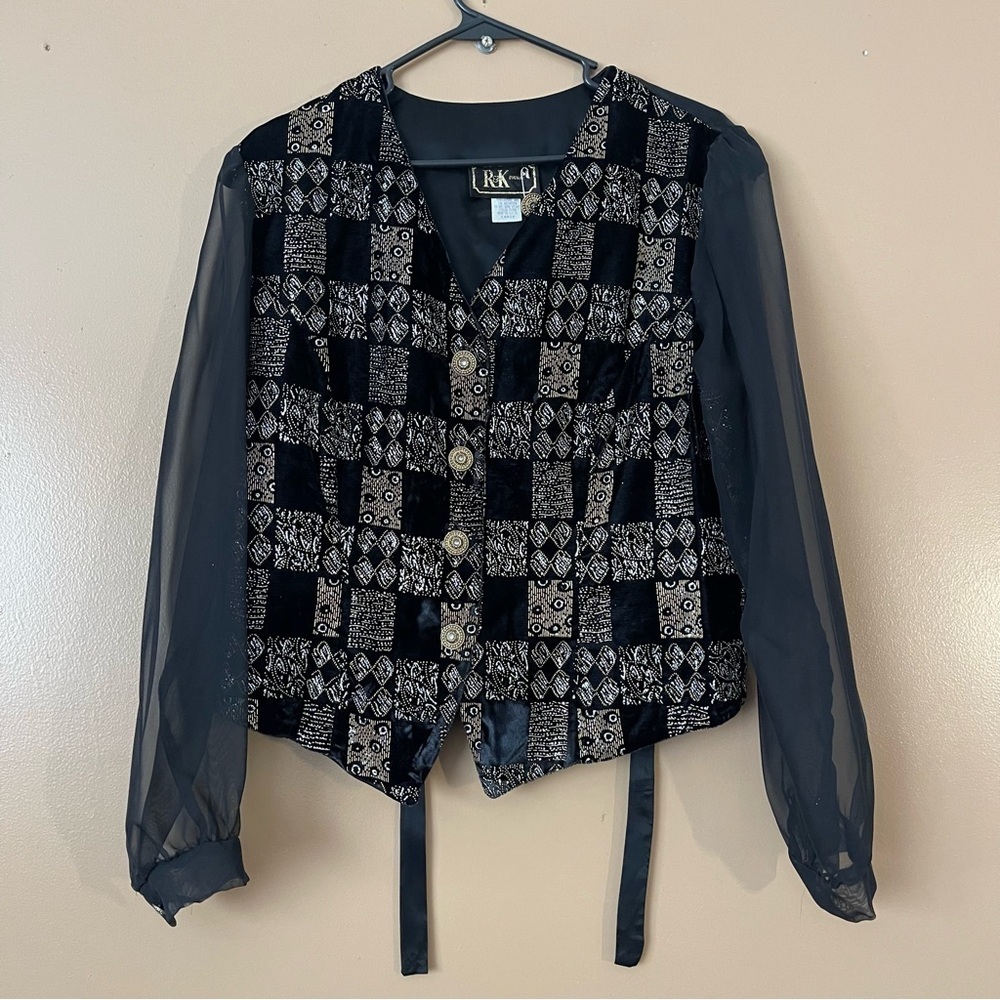 R&K Vintage Black and Silver Checkered Blouse sheer sleeves size large